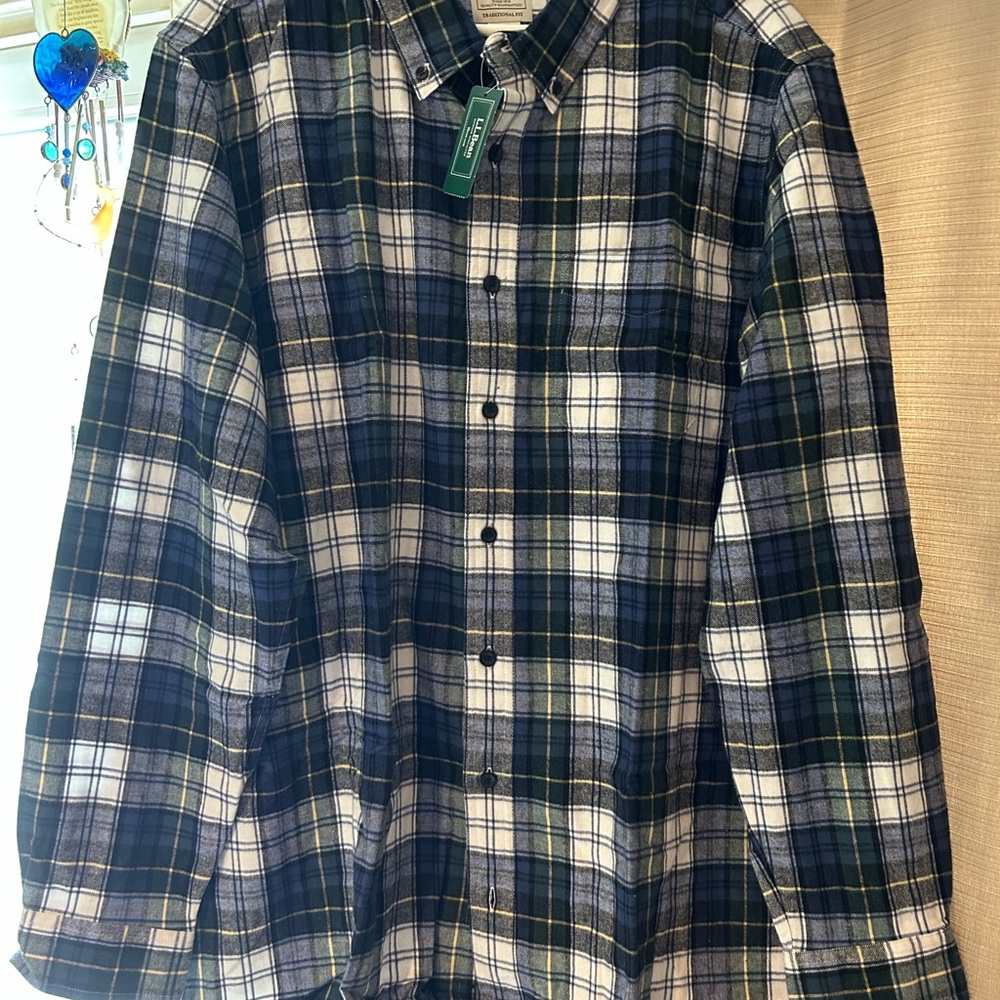 L.L. Bean Green and Blue Casual Button Down Shirt